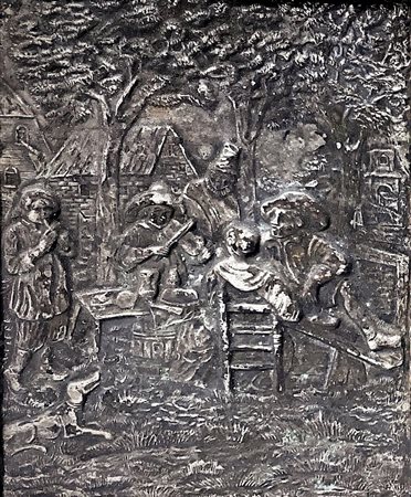 Placca in argento raffigurante scena conviviale, XIX secolo. Cm 14x11. In cornice cm 30x26,5.