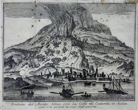 Incisioni all'acquaforte raffigurante Monte Etna con la città di Catania come era avanti la sua distruzione, Thomas Salmon (1679-1777). Incisione originale edita da Giovan Battista Albrizzi.  Mm 160x200, in cornice cm 27x37.