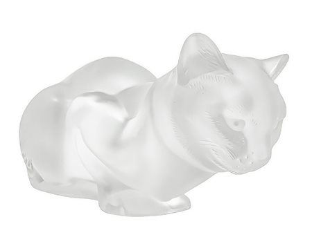 Lalique , scultura in vettro trasparente raffigurante gatto, con superficie acidata, anni '80. Firma incisa. H cm 11.x  