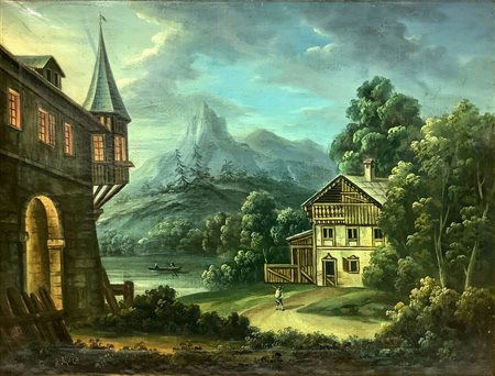 Dipinto ad olio su tela raffigurante paesaggio montano con lago e cottage, Federico Moja (Milano, 20 ottobre 1802 &ndash