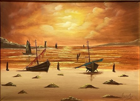 Dipinto ad olio su tela raffigurante marina con barche al tramonto, firmato Boely, pittore XX secolo. Cm 68x48, in corni