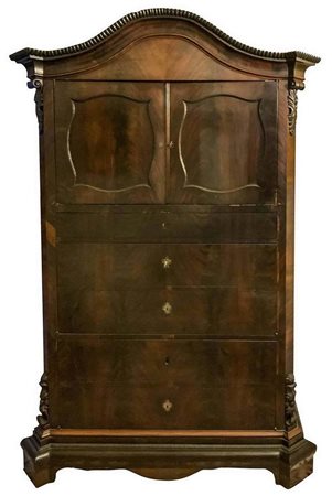 Chiffonier in piuma di mogano, metÃ  XIX secolo, Sicilia. Due sportelli nella parte superiore, cinque cassetti sottostan