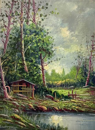 Dipinto ad olio su tela su supporto rigido raffigurante cascina con alberi sul lago, Remo Testa, XX secolo. Cm 27x36, in