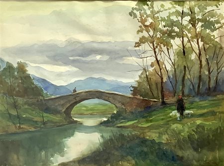 Acquerello su cartoncino, firmato Silvio Poma (1841-1932) raffigurante fiume con ponte. Cm 50x65, in cornice cm 94 x70