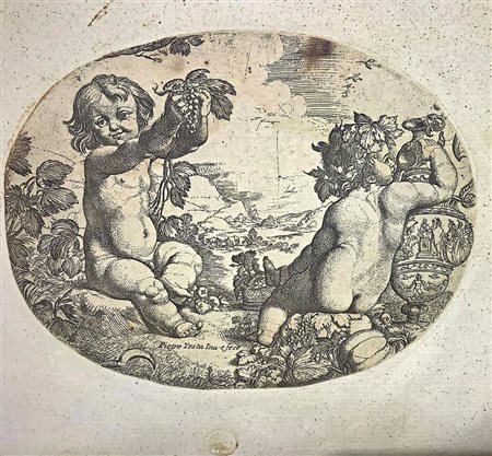 Pietro Testa detto il Lucchesino (Lucca 1611 - Roma 1650), incisione ovale raffigurante due putti baccanti. Incisione al