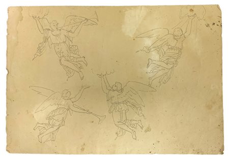 Disegno a china raffigurante quattro angeli â€œTrombettieriâ€. XIX secolo. Mm 305x205