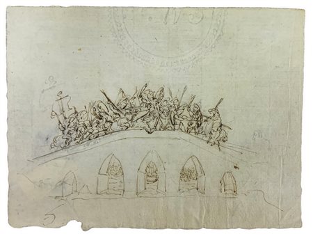 Disegno a inchiostro bruno su carta antica vergellata con filigrana. Schizzo raffigurante battaglia su Ponte Milvio, Cos