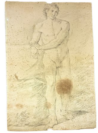 Disegno a matita su carta antica vergellata con filigrana circolare con giglio raffigurante nudo maschile in piedi. XVII