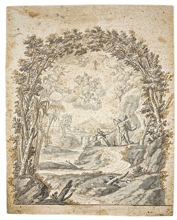 Gaspard Dughet, attr. (Roma 1615-1675).&nbsp;Disegno ad inchiostro bruno e inchiostro grigio su carta antica vergellata 