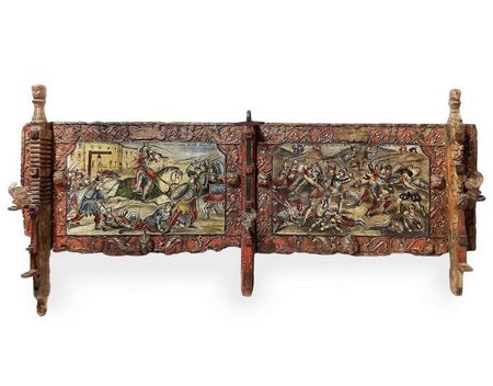 Antica sponda di carretto siciliano in legno policromo a due scene, fine del XIX secolo, Sicilia. H cm 48x125. Ruggero l