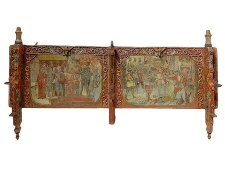 Antica sponda di carretto siciliano in legno policromo a due scene, fine del XIX secolo, inizi XX secolo, Sicilia. Cm 66