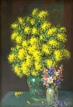 Dipinto ad olio su tela raffigurante â€œMimose con violetteâ€, firmato in basso a sinistra A. Graziani. Alfio Paolo Gra