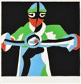 Ugo Nespolo IL MOTOCICLISTA serigrafia su carta, cm 54x50; es. 692/1000 firma