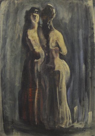 Ignoto FIGURE olio su faesite, cm 44x32 firma e data eseguito nel 1956