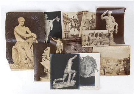 Lotto di più di dieci stampe fotografiche intestate con reperti archeologici e viste di antichità, 1880-1910 circa