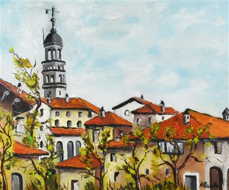 A. Paschetta VEDUTA DI SALUZZO olio su cartone telato, cm 50x60 firma sul...