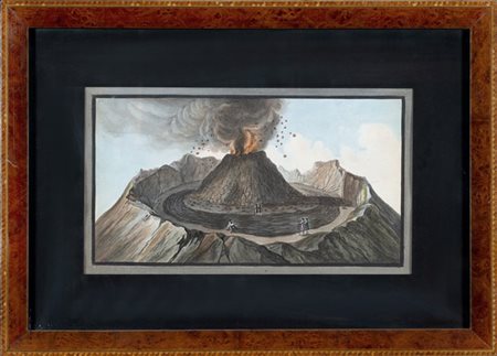 Scuola napoletana del secolo XIX "Vulcano in eruzione" gouache (cm 21x39 circa