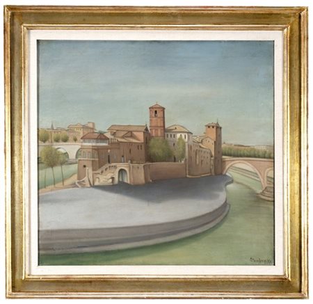 Riccardo Francalancia "Isola Tiberina" 1928, olio su tela (cm 90.5x86) Firmato e