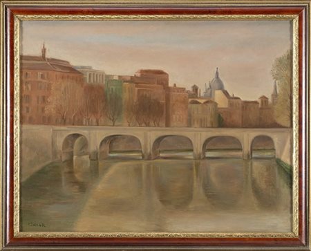 Carlo Socrate "Ponte Cavour" 1935 circa olio su tela. Firmato in basso a sinistr