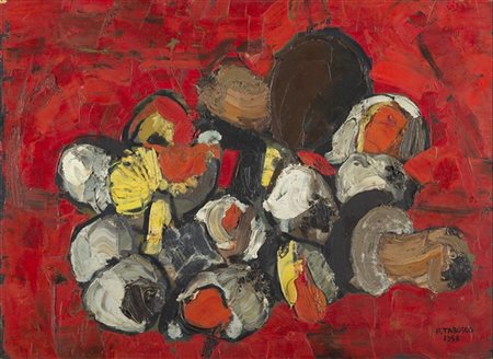 Francesco Tabusso "Funghi" 1958 olio su masonite. Firmato e datato in basso a de