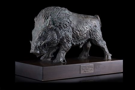 Antonio Ligabue "Cinghiale" scultura in bronzo su base in legno. Edizioni Sergio