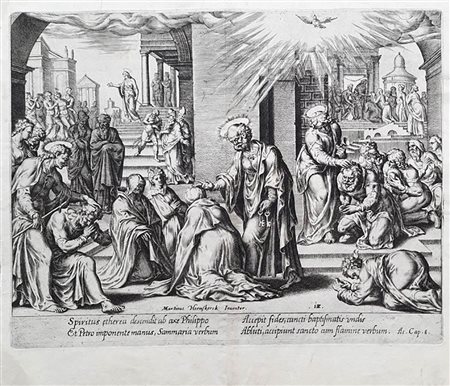 Philip Galle (1537-1612) da Maarten van Heemskerck (1498-1574)<br>GLI APOSTOLI FILIPPO, PIETRO E GIOVANNI POSANO LE LORO MANI SUI NUOVI BATTEZZATI