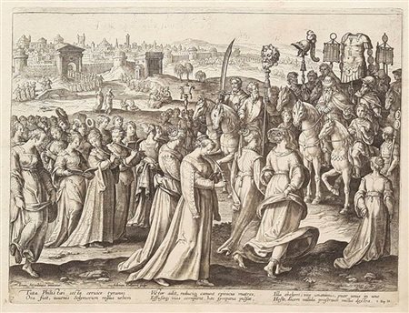 Adriaen Collaert (Anversa, 1560-1618) da Jan Van Der Straet, detto Stradanus<br>LE DONNE DI ISRAELE FESTEGGIANO IL RITORNO DI DAVIDE CANTANDO E DANZANDO