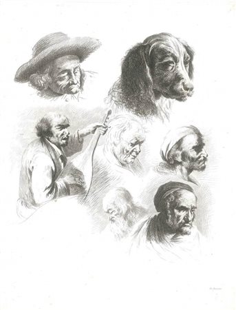 Jean-Jacques de Boissieu (1736-1810)<br>Studio di sei teste e un cane