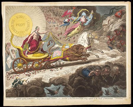 James Gillray (1756-1815)<br>Light Expelling darkness, - evaporation of Stygian exhalations,-or- The SUN of the CONSTITUTION, rising superior to the clouds of OPPOSITION. 