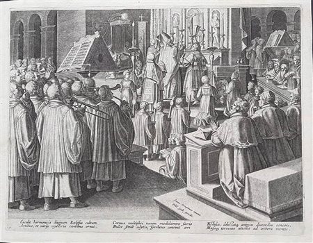 Adriaen Collaert (Anversa, 1560-1618) da Jan Van Der Straet, detto Stradanus<br>MESSA CON MUSICA E CANTI