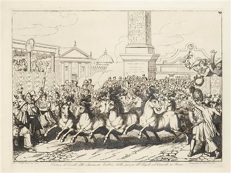 BARTOLOMEO PINELLI <br>Partenza de' cavalli detti volgarmente barberi, dalla piazza del Popolo nel Carnevale di Roma 
1831