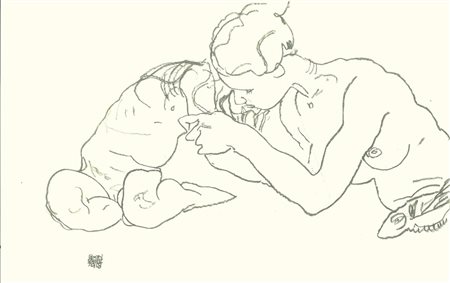 Egon Schiele (dal disegno di)<br>Zwei sich küssende Mädchen