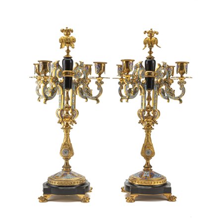 Coppia candelabri in marmo nero del Belgio e bronzo dorato