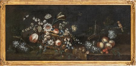 Natura morta con canestro di fiori, frutta su un ripiano e un uccellino