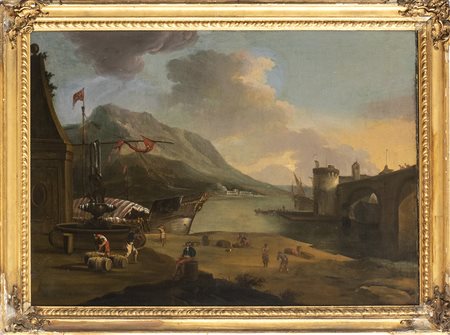 Scena portuale con figure, imbarcazioni e architetture