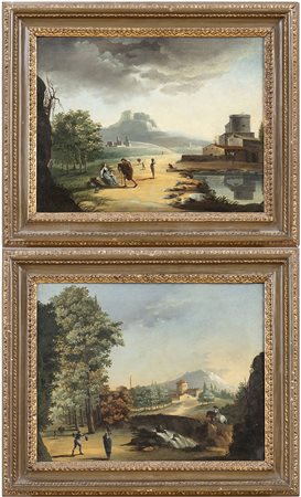 A. Paesaggio con figure, borgo e corso d'acqua
B. Paesaggio con figure e cascatella. Coppia di dipinti