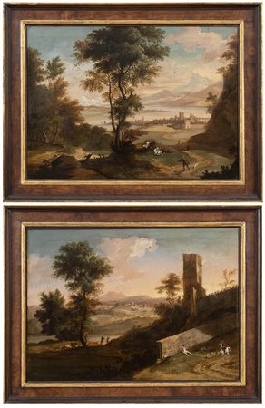 A. Paesaggio con pastore, armenti e lago sullo sfondo
B. Paesaggio con figure, torre e mura merlate
Coppia di dipinti