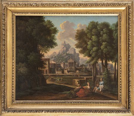 Paesaggio classico con Apollo, due muse e architetture sullo sfondo