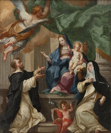 La Madonna con Bambino in trono conferisce il rosario a San Domenico alla presenza di Santa Caterina da Siena (Madonna del Rosario)