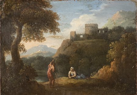 Paesaggio con due figure e resti di una fortificazione sullo sfondo