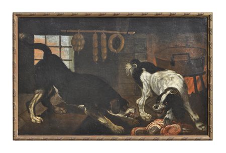 Maler des 17. Jh./Pittore del XVII sec. Due cani con pezzo di carne; Olio su...