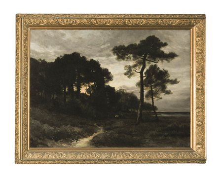 Louis Auguste Auguin (1824 – 1904) Paesaggio costiero con alberi;Olio su...