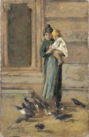 PITTORE NON IDENTIFICATO<BR>"Donna con bambino e piccioni" 1871
