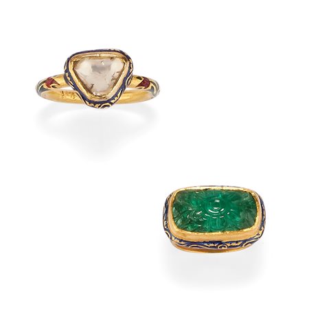 Due anelli con smalti, smeraldo e diamanti, India