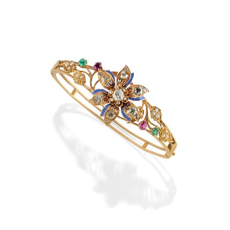 Bracciale rigido con diamanti, rubini, smeraldi, perline e smalto, XIX secolo