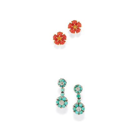 Due coppie di orecchini con turchesi, corallo e diamanti