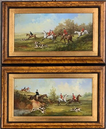 Ignoto, coppia di dipinti ad olio su rame raffiguranti "Scene di caccia alla vo