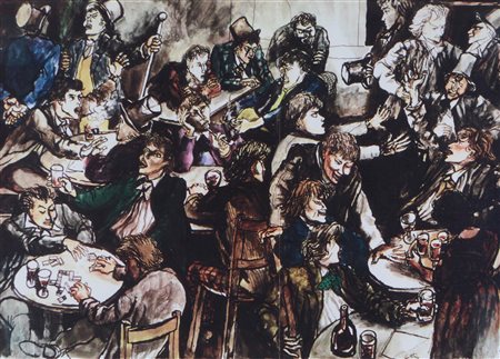 Renato Guttuso INTERNO DI OSTERIA fotoriproduzione, cm 40x57 firma in lastra