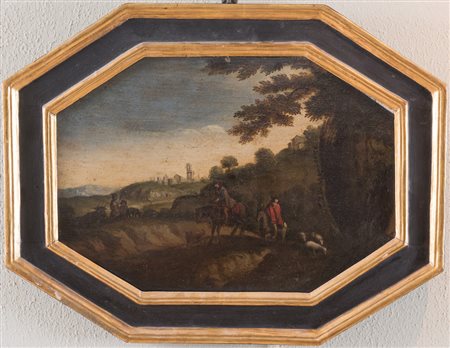 Maestro del centro Italia del XVII secolo “Paesaggio con figure”. Olio su...