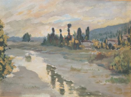 Maestro del XIX secolo "Paesaggio con fiume". Olio su cartone. Cm 23x30.